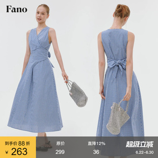 范洛Fano 蓝白格纹显瘦连衣裙女2026夏季新款V领绑带收腰格子长裙