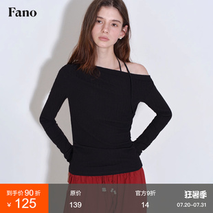 范洛Fano 斜肩t恤女上衣 小眾設計感立體疊褶斜肩腰部抽褶顯瘦長袖