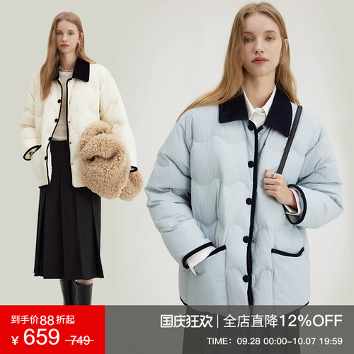 范洛衬衫领灯芯绒拼色绗线羽绒服