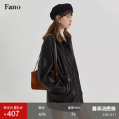 新款 范洛Fano 2026春季 复古翻领黑色环保pu皮衣机车服夹克外套女