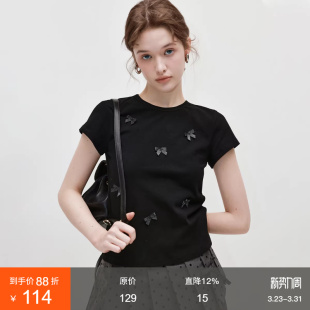 简约风正肩设计感上衣女 新款 范洛蝴蝶结拼接圆领短袖 T恤2026夏季