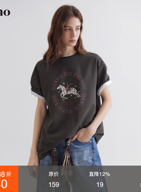 范洛Fano 小马印花休闲短袖T恤女2026春季新款松弛感宽松落肩上衣