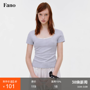 范洛Fano 俏皮少女感镂空提花针织花边拼接领口大u领t恤女上衣夏