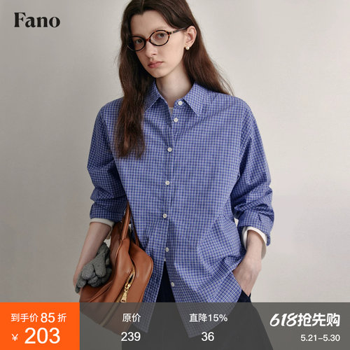 范洛miu系休闲格子宽松蓝衬衫