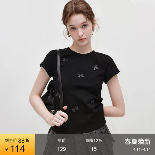 范洛波点蝴蝶结拼接圆领短袖T恤
