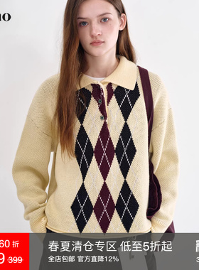 范洛Fano 复古学院风奶黄色菱格Polo领卷边宽松针织衫毛衣女上衣