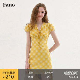 范洛Fano 法式俏皮感格纹连衣裙女2026夏新款V领泡泡袖收腰短裙