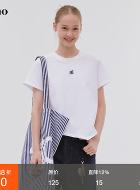 范洛Fano 利落剪裁不规则下摆精致立体绣花宽松短版休闲t恤女夏季