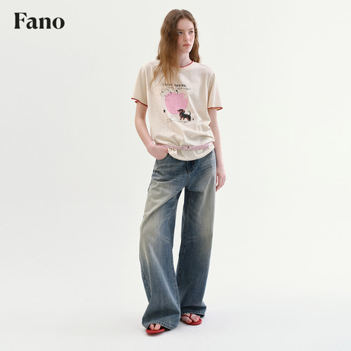 范洛Fano 100棉松弛感撞色绣花T恤女2026春新款印花短袖圆领上衣