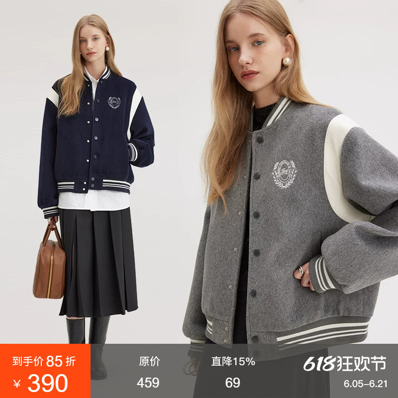 范洛Fano 棒球服外套女冬季复古学院风刺绣减龄毛呢料设计感上衣