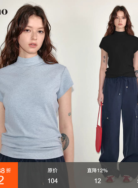 范洛Fano 简约风百搭半高领杂色正肩短袖修身t恤女2026春季新款