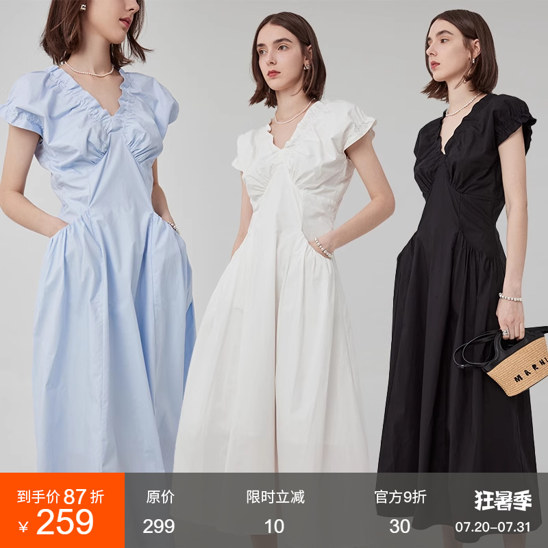 范洛法式V领连衣裙女设计感2025夏季新款褶皱插袋收腰泡泡袖裙子