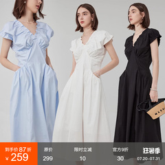 范洛法式V领连衣裙女设计感2025夏季新款褶皱插袋收腰泡泡袖裙子