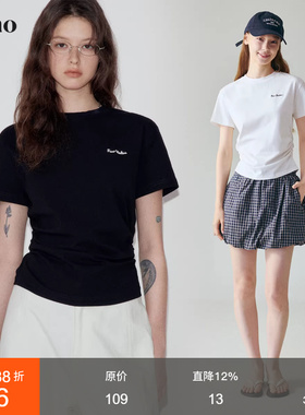 范洛Fano 高级感腰侧抽褶设计显瘦极简黑色绣花短袖t恤上衣女夏季