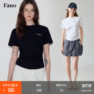 t恤上衣女夏季 范洛Fano 高级感腰侧抽褶设计显瘦极简黑色绣花短袖
