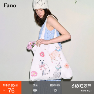 范洛Fano 慵懒风定制手绘花朵猫咪休闲通勤百搭帆布包袋2025新款