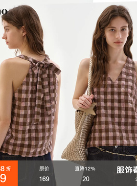 范洛Fano 松弛复古风格纹小衫女2026春季新款挂脖系带V领无袖衬衫
