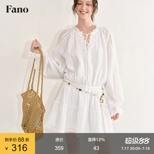 范洛Fano 度假松弛感长袖连衣裙女2026夏新款花边收腰泡泡袖裙子