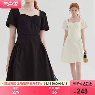 复古方领短袖 范洛2024夏季 法式 小黑裙子 新款 连衣裙女收腰显瘦短款