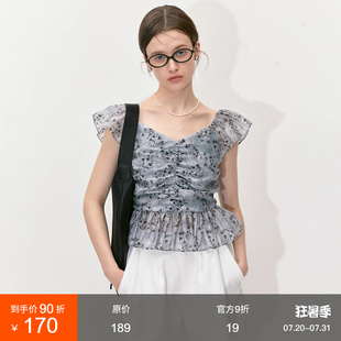 范洛法式 上衣 甜美印花小衫 独特漂亮水墨感碎花抽褶显瘦可爱小飞袖