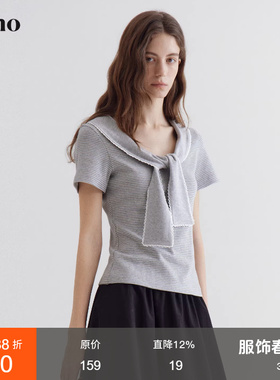 范洛Fano 韩系轻甜感条纹短袖T恤女2026春新款系带披肩领花边上衣