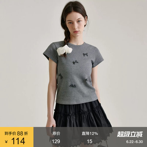 范洛Fano 设计感蝴蝶结拼接圆领短袖T恤2026夏季新款正肩上衣女
