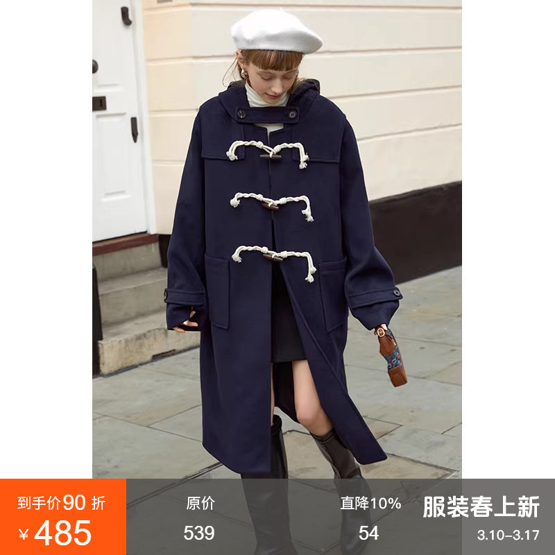 范洛Fano 连帽牛角扣毛呢大衣女2025冬学院风中长款宽松呢子外套