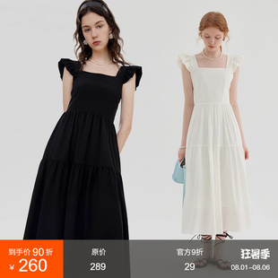 新款 范洛2025夏季 荷叶边方领吊带连衣裙女赫本风显瘦A字裙小黑裙