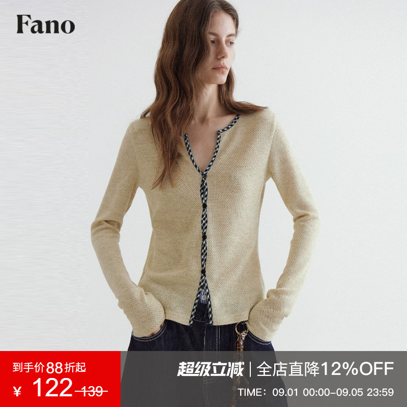 范洛Fano V领高级感格纹撞色T恤2026秋拼接镂空针织修身长袖上衣图片