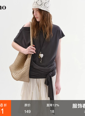 范洛Fano 法式慵懒感蝙蝠袖T恤女2026春季新款一字领斜肩绑带上衣