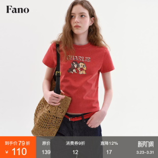 小狗印花红色上衣 复古童趣风T恤女2026春新款 范洛Fano 100棉美式