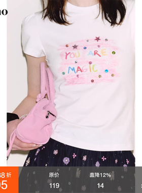 范洛Fano 设计感小众涂鸦蜡笔印花手工钉钻泡泡袖圆领t恤女上衣