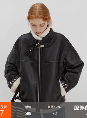 范洛Fano 皮毛一体短外套女加绒加厚冬新款宽松设计感机车服夹克