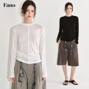 范洛Fano 莱赛尔羊毛混纺长袖T恤女2026春季新款小立领修身上衣