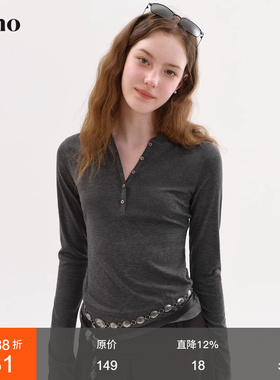 范洛Fano 通勤休闲风针织T恤女2026春季新款亨利领修身长袖上衣