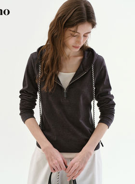范洛Fano 假两件针织连帽T恤女日常休闲百搭设计感修身半拉链上衣