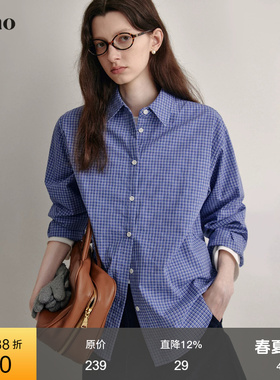 范洛复古学院风蓝色格子衬衫2026春季新款高级感休闲宽松上衣女