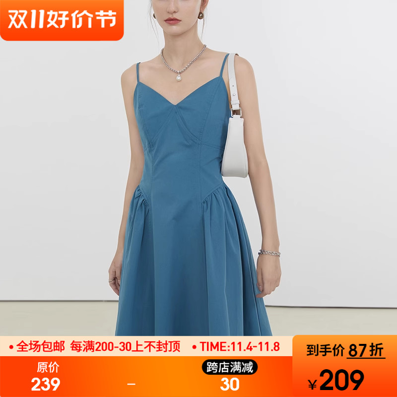 范洛2023夏季新款法式V领吊带连衣裙女收腰设计感小众气质小裙子