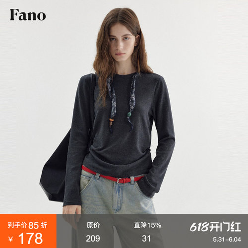 范洛Fano 松弛感复古印花打底衫女2026春新款飘带丝巾吊坠长袖T恤