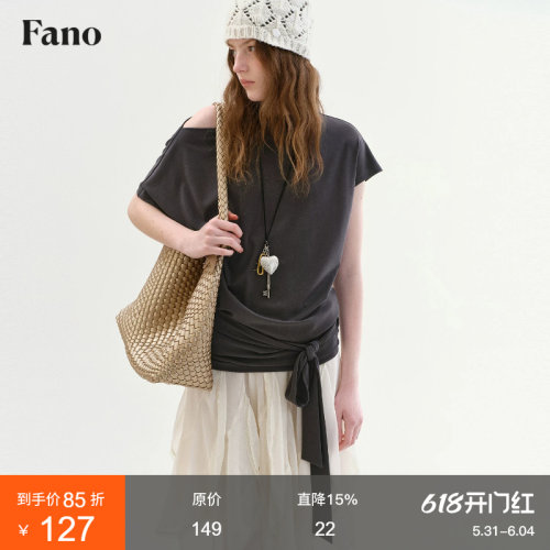 范洛Fano 法式慵懒感蝙蝠袖T恤女2026夏季新款一字领斜肩绑带上衣