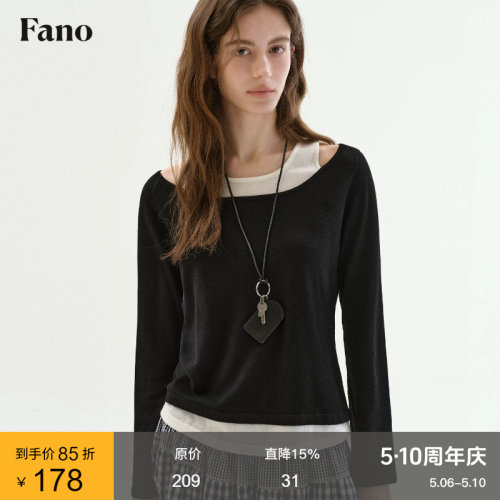 范洛Fano 羊毛混纺长袖T恤女春季设计感镂空露肩假两件宽松上衣