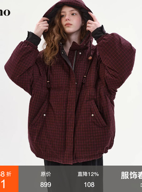 范洛Fano 松弛感连帽羽绒服女2025冬季撞色格纹抽绳中长款外套