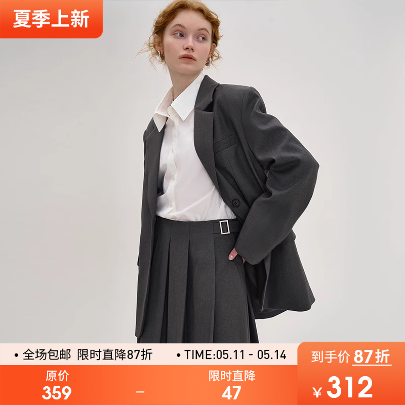 范洛格雷系廓形感平驳领西装外套百褶裙女2024春新款半身裙两件套