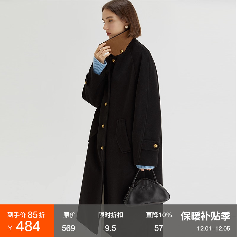 范洛撞色立领单排扣毛呢大衣外套
