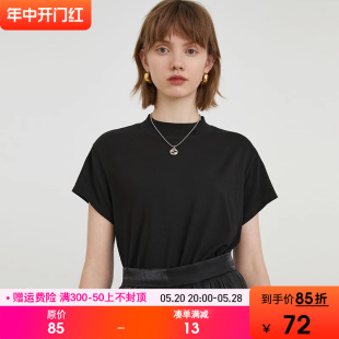 女宽松打底衫 范洛2024夏季 黑色白色莫代尔半高领短袖 半袖 新款 T恤