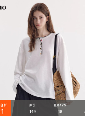 范洛Fano 竹节棉慵懒感垂坠长袖T恤女2026春季新款刺绣亨利领上衣