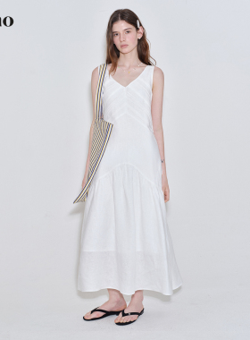 范洛Fano 重工手工风琴褶100%天然苎麻白色连衣裙女2026夏季新款