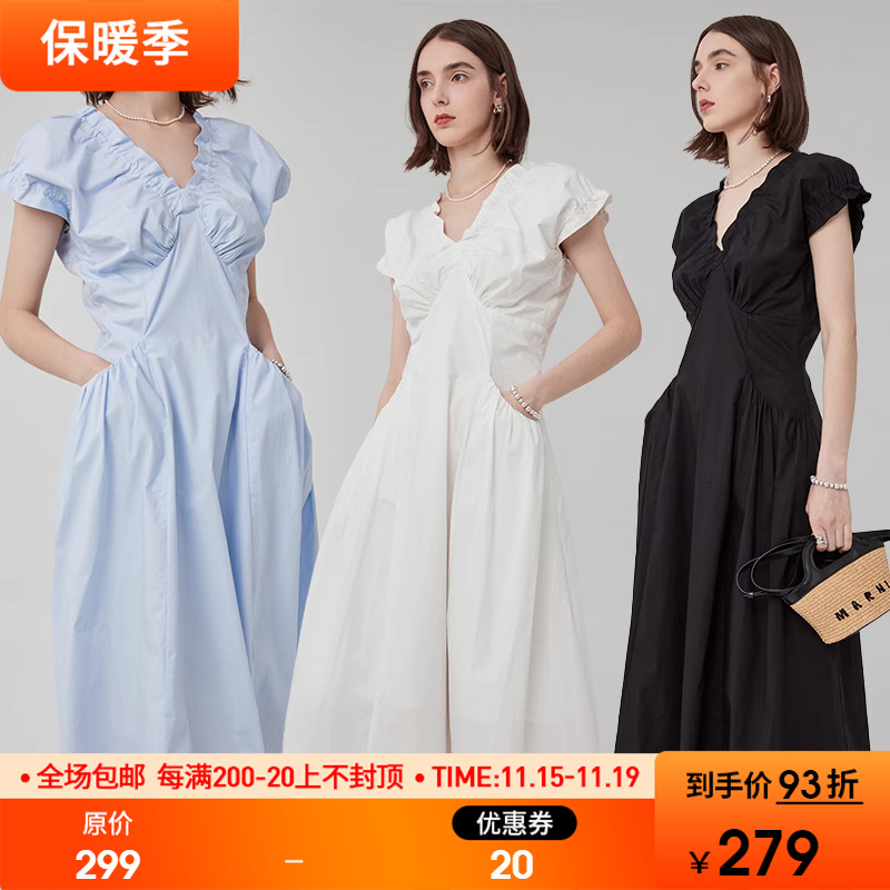范洛2023夏季新款法式V领泡泡袖褶皱插袋设计感收腰显瘦连衣裙女
