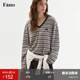 T恤女2026春季 范洛Fano 慵懒感长袖 显瘦v领撞色条纹休闲套头上衣
