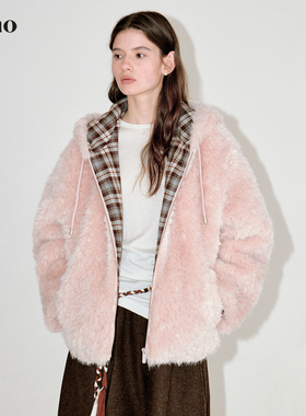 范洛Fano 随性慵懒风低饱和藕粉色格纹拼接连帽皮草外套女2025冬